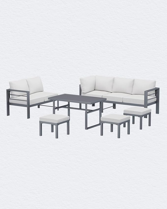 AECOJOY Aluminum Patio Furniture Set, 8 Seats Modern Outdoor Furniture with Adjustable Table, 7 Pieces Metal Conversation Sectional Sofa, Light Gray
