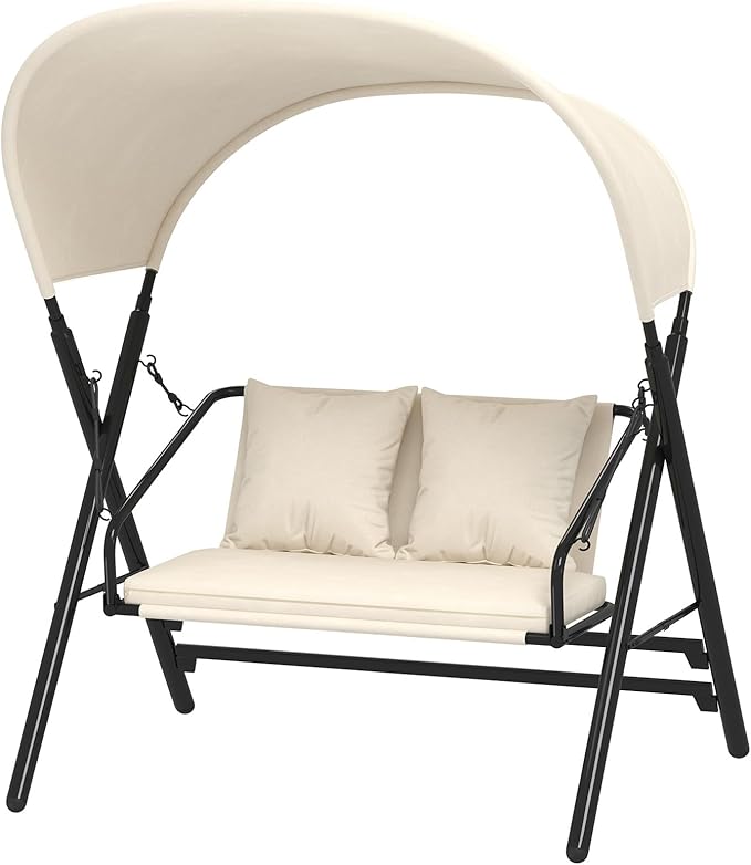 AECOJOY Outdoor Porch Swings for Adults 600LBS 2 Seat Patio Swings with Canopy Stand Thick Cushion Pillows Metal Steel Frame Patio Swing Chair for Garden Yard Deck Poolside Easy Assembly