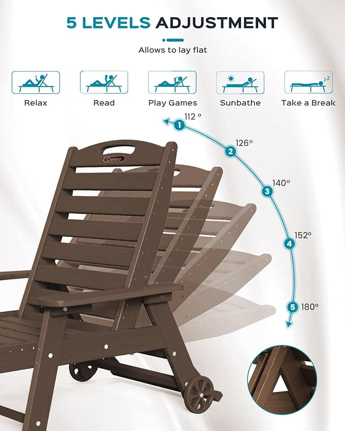 Ciokea Outdoor Lounge Chair Set of 4, All Weather Patio Chaise Lounge Chair for Outside, HDPE Chair with Rolling Wheels & Cup Holder, 5 Position, Deck, Pool, Dark Brown