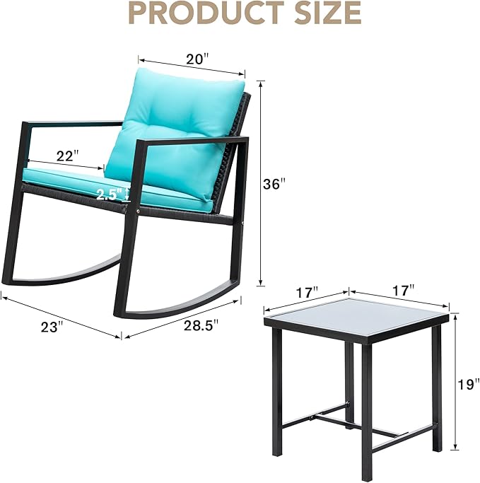 Devoko 3 Piece Rocking Bistro Set Wicker Patio Outdoor Furniture Porch Chairs Conversation Sets with Glass Coffee Table (Blue)