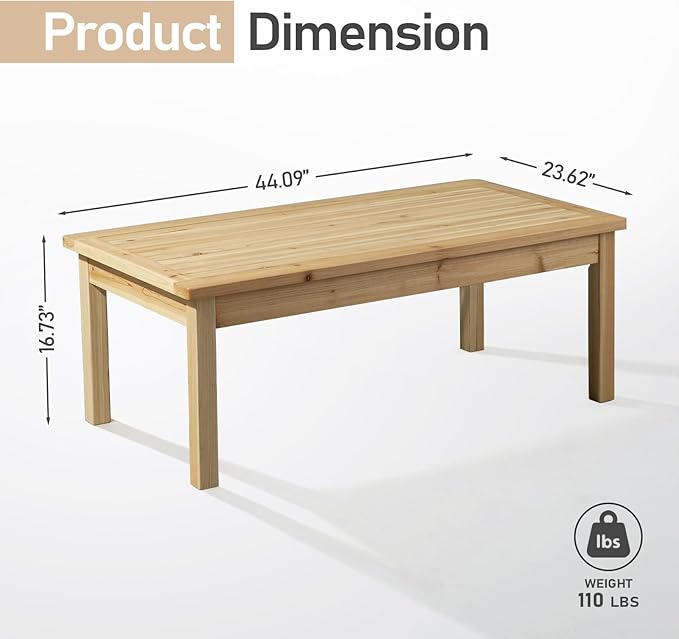VINGLI Solid Wood Patio Coffee Table, Outdoor Garden Tea Table for Porch Balcony Yard, 44.09" Long Rustic End Table, Weather-Resistant Wooden Console Table