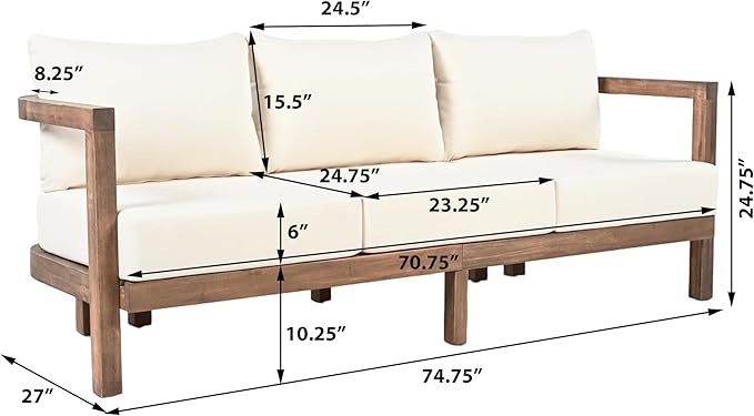 Christopher Knight Home Havets 74.75"W Outdoor 3 Seater Sofa, 6" Thick Cushion Couch, Acacia Wood Bench Sofa, Slats Panel Open Back, Spacious Seating Bench Couch for Backyard Garden Porch, Brown+Beige