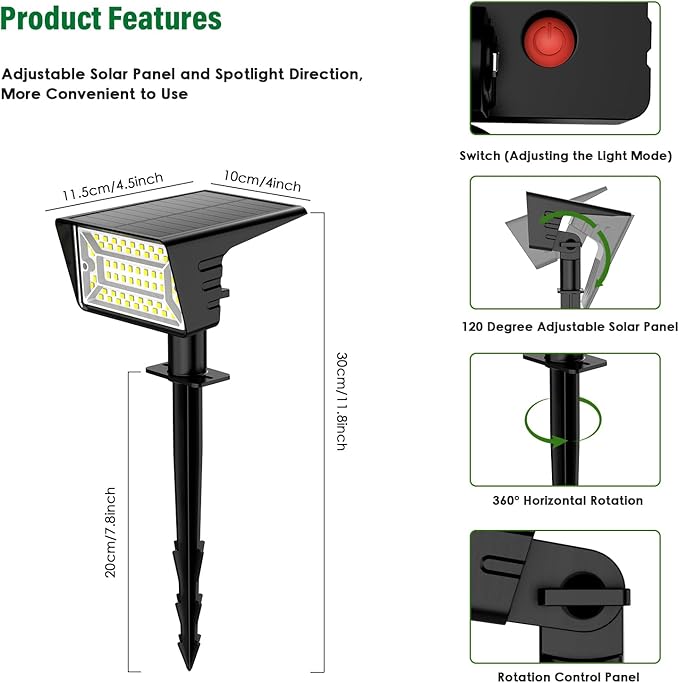 Solar Spot Lights Outdoor with 60 LED & Auto On/Off, 2 Pack Solar Lights Outdoor Waterproof IP68 with 3 Lighting Modes, 2-in-1 Solars Landscape Light for Outside, Garden, Yard(Warm White)