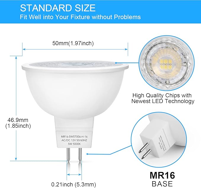 Mlambert 24 Pack MR16 LED Bulbs 50W Halogen Equivalent 5000K,5W GU5.3 MR16 12V Spotlight Bulb,Non-Dimmable,45°Beam Angle for Landscape Track Light Recessed