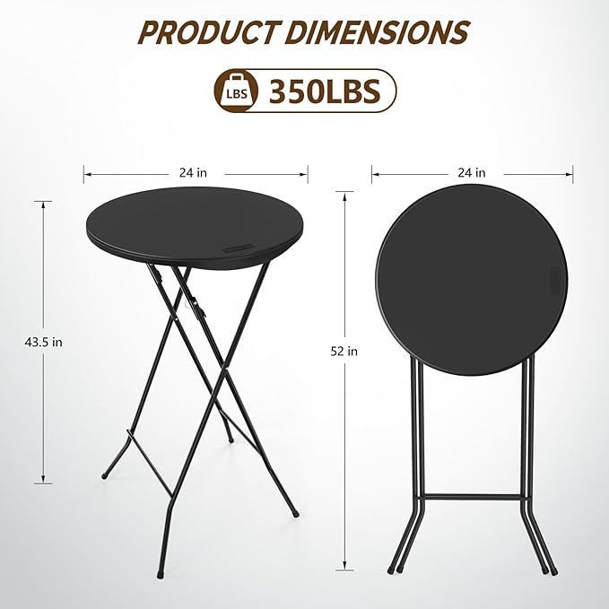 VINGLI 24" Plastic Folding Round Table Bar Height, HDPE Matrial with Gray Metal Finish, High Top Table for Outdoor Party, Cafes, Restaurants, Backyard, Dining Room, Wedding Event,1 Pack, Black