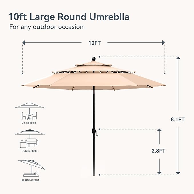 PHI VILLA Outdoor Patio Dining Set for 4 with 10ft 3-Layer Auto-tilt Round Umbrella(Beige),Includes 4 Outdoor Swivel Chairs with Cushions and a Metal Square Table, Perfect for Garden, Lawn, or Deck