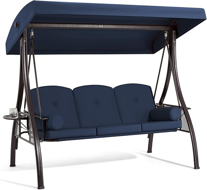 HOMREST 3 Person Outdoor Porch Swing with 1.5" Deep Cup Holder, Adjustable Canopy, Backrest, Patio Swing Bed with Weather Resistant Steel Frame, Cushions for Garden,Deck and Poolside(Blue)