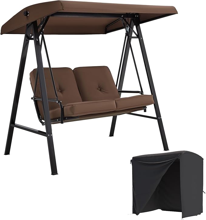 AECOJOY 2-Seat Outdoor Patio Swing Chair with Cover, Porch Swings Chairs for Adult, Outside Swing Bench with Adjustable Canopy&Removable Cushion, Brown