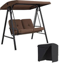 AECOJOY 2-Seat Outdoor Patio Swing Chair with Cover, Porch Swings Chairs for Adult, Outside Swing Bench with Adjustable Canopy&Removable Cushion, Brown
