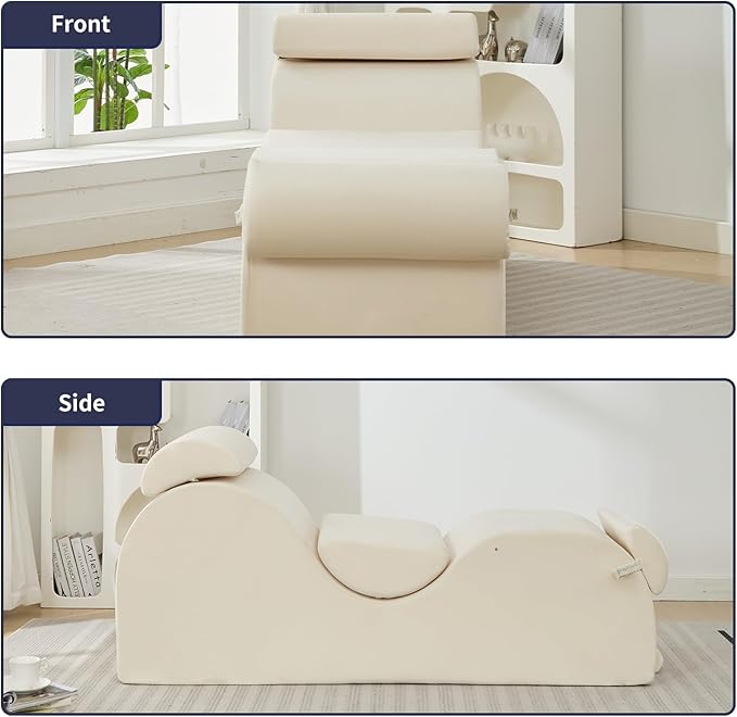 ijuicy Sleek Chaise Lounge Chair for Yoga/Exercise, Indoor Lounger with Headrest, Waist Cushion, Movable Footrest, Side Pockets, Non-Slip Bottom - High Density Sponge, Beige