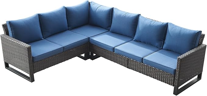 Belord Outdoor Sectional Sofa 6 Seater L Shaped Couch Wicker Patio Conversation Furniture Set Rattan Outdoor Furniture with Removable Washable Cushion, Brown/Blue