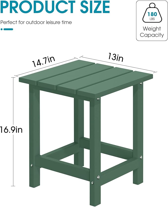 MUCHENGHY Adirondack Outdoor Side Table, 14.7" Patio Side Table Weather Resistant, HDPE Outdoor End Tables for Patio, Green