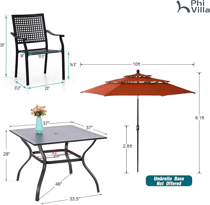 PHI VILLA 5 Pieces Outdoor Dining Set for 4 with 10ft Umbrella, 37" Metal Square Table & Stackable Wrought Iron Chair with Cushions & Red Umbrella, Modern Furniture Set for Patio, Deck, Yard, Porch