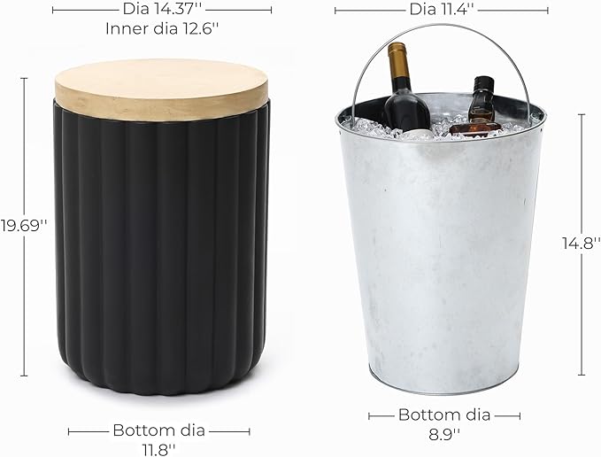 LuxenHome 20" Black Outdoor Side Table with Storage, Fluted Outdoor End Table with Metal Ice Bucket for Patio, Outside Accent Table for Balcony, Garden, Yard