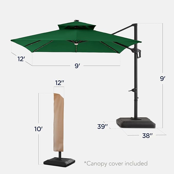 Best Choice Products 9x12ft LED Cantilever Patio Umbrella w/Base Included & 360° Rotation, Large Solar Offset Hanging Outdoor Sun Shade for Deck, Backyard Table w/Stand & Lights – Green