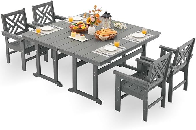 HDPE Outdoor Dining Set,6-Piece Outdoor Table and Chairs Include 4 Dining Chairs and 2 Pcs 62.5" Patio Dining Table with Umbrella Hole (Gray)