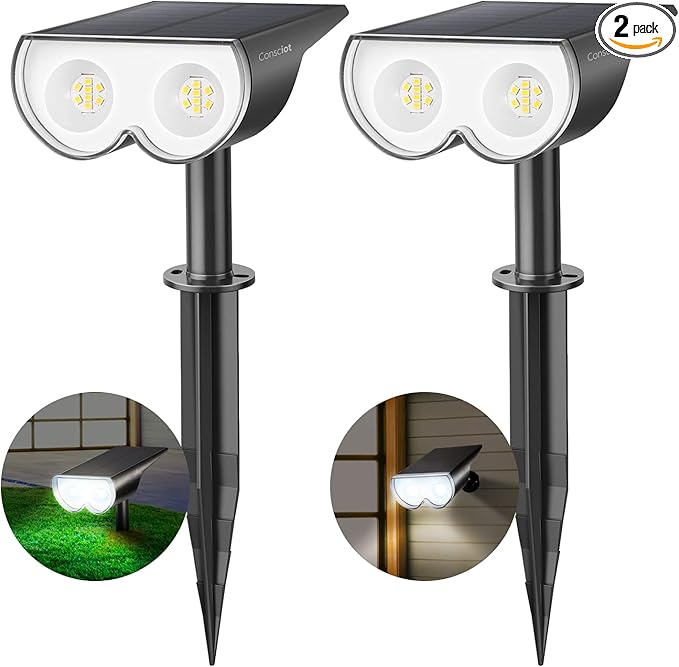 Solar Lights Outdoor Waterproof, Consciot 16 LEDs IP67 Spot Lights Outdoor, Auto On/Off Solar Garden Light, 2-in-1 Adjustable Wall Lights for Landscape Yard Pathway, Cool White 2 Pack