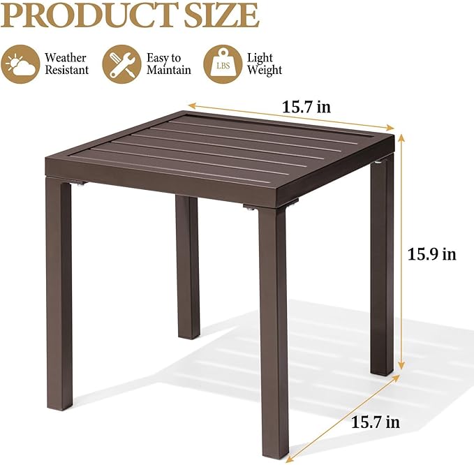 Crestlive Products Outdoor Side Table, Small Square Metal End Table Easy Assembly & Weather Resistant Pool Side Tables for Patio Balcony（Brown
