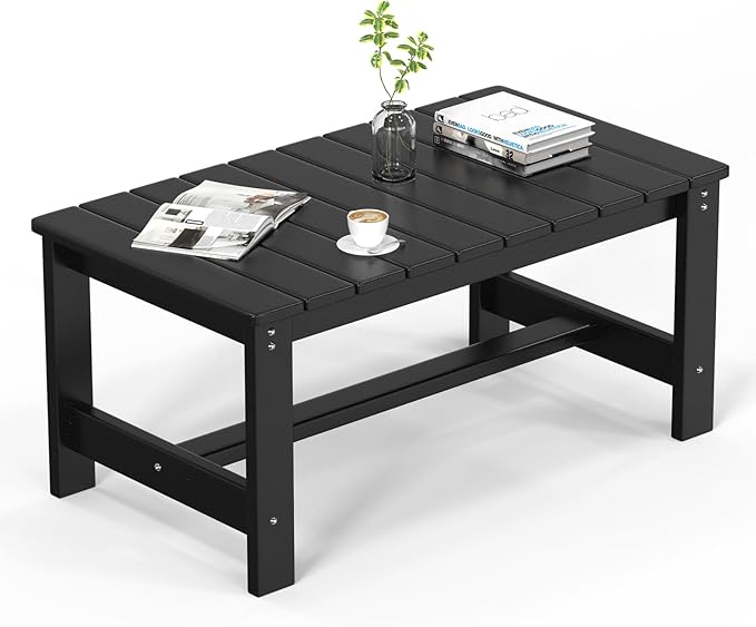 VINGLI Outdoor Coffee Table, HDPE Patio Coffee Table for Outside, All-Weather Rectangle Coffee Table for Deck, Garden, Balcony, Porch, Indoor & Outdoor Use, Black