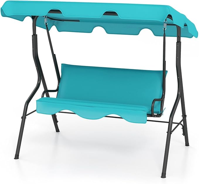 Porch Swing Outdoor, 3 Person Patio Swing w/Removable Cushion, Stand & Adjustable Canopy, Heavy Duty Swing Chair for Patio, Garden, Courtyard, Poolside