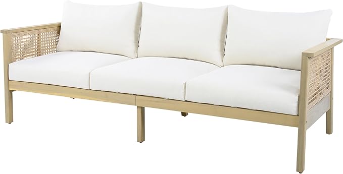 Christopher Knight Home Teras Acacia Wood Outdoor 3 Seater Sofa with PE Wicker Armrest, Solid Wood Patio Sofa with Removable Cushion, Comfy Lounge Sofa for Patio Furniture Set, Light Teak+Beige