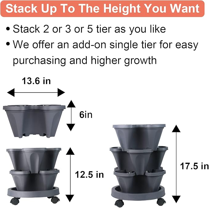 DUNCHATY Stackable Planter, Vertical Garden Planter with Wheels and Tools, Self Watering Strawberry Planter Indoor/Outdoor 4 Tier Herb Planter Pots for Growing Vegetables and Succulents, Dark Gray