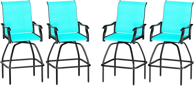 LEVELEVE Patio Bar Set 4pcs Swivel Bar Stools Outdoor Bistro Textilene Furniture Stability All-Weather Set (Lake Blue Fabric)