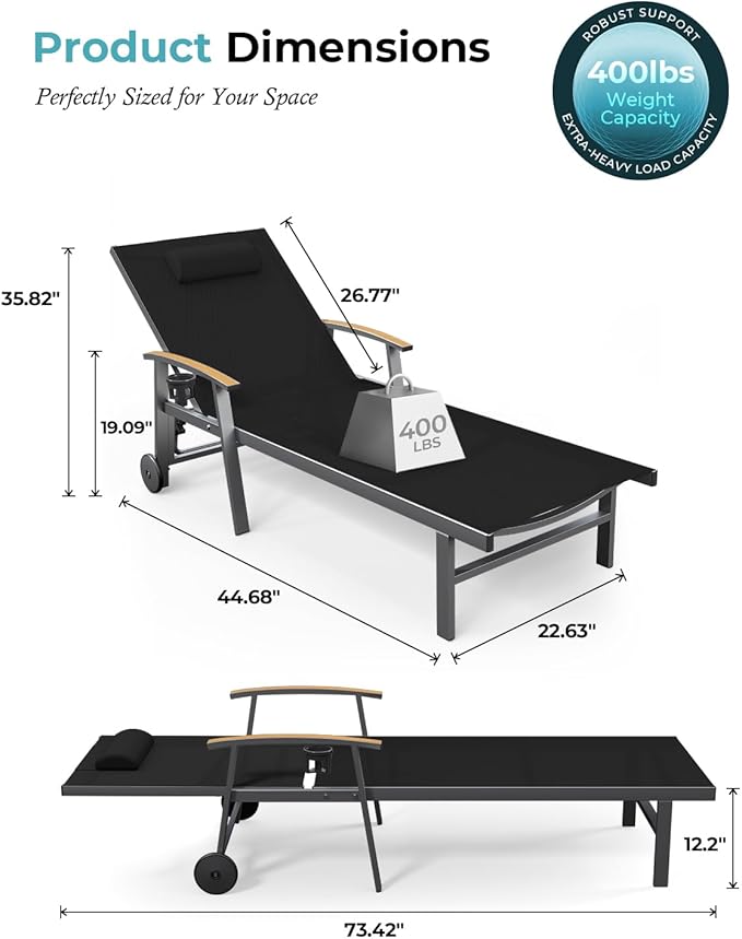 Ciokea Outdoor Lounge Chair with Pillow Set of 4, 5-Position Chaise Lounge with Wheels & Armrests, 400 lbs Heavy Duty Aluminum Pool Lounge Chairs, for Beach, Deck, Poolside & Backyard, Black
