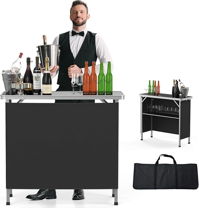 VINGLI Portable Bar Table, 2-Tier Shelves, Mobile Bar Table for Events, Party, Camping, Picnic, Tradeshow, Indoor with Black Skirt, 39 "L x 34" H