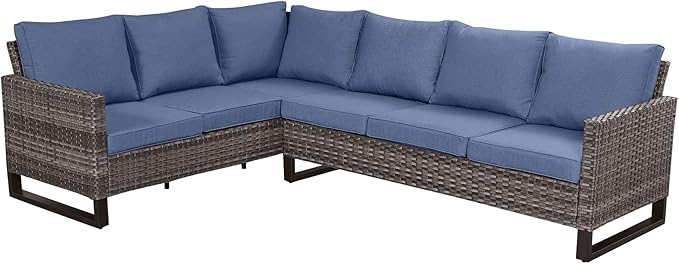 Belord Outdoor Sectional Sofa 6 Seater L Shaped Couch Wicker Patio Conversation Furniture Set Rattan Outdoor Furniture with Removable Washable Cushion Blue
