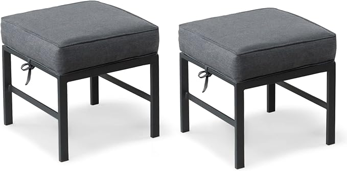 2 Pieces Outdoor Ottomans for Patio, No-Assembly Aluminum Outdoor Patio Footstool with Gray Cushions, Small Aluminum Patio Seat for Porch Yard Garden Deck, Grey Frame