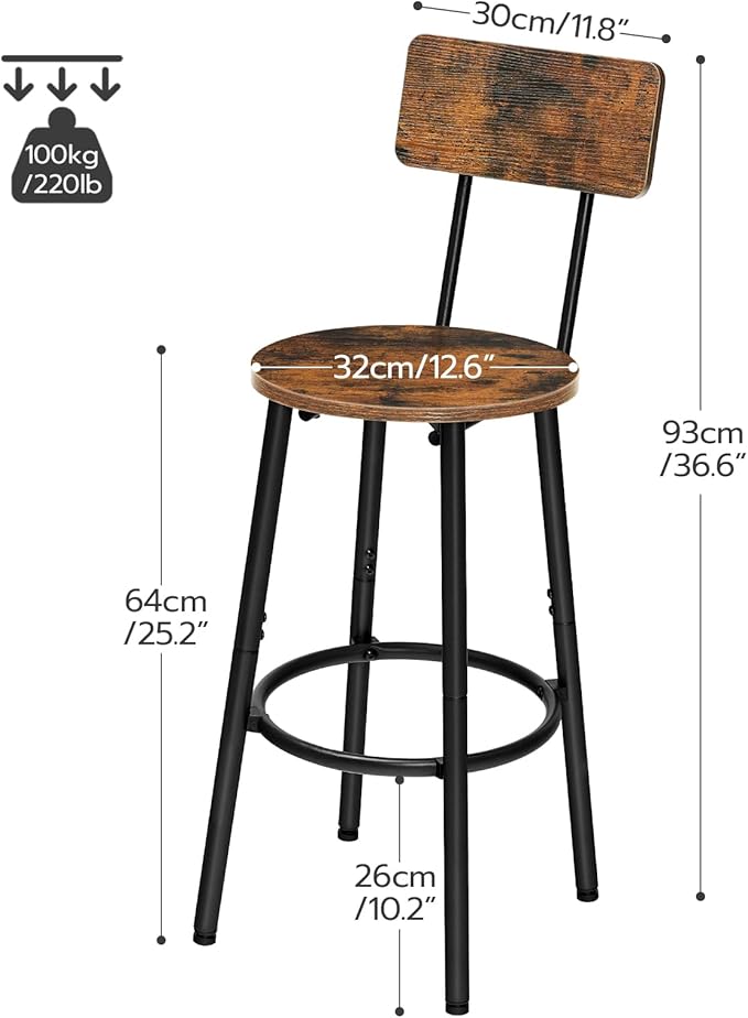 HOOBRO Bar Stools,Set of 2 Round Bar Chairs with Back,25.2" Bar Chairs for Kitchen Island, Dining Room,Counter Height Bar Stools, Easy to Assemble, Rustic Brown and Black BF32BY01G2