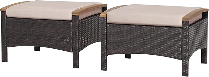 RELAX4LIFE Outdoor Wicker Ottomans for Patio - 2 Pieces PE Rattan Ottoman, Footrest Seat with Zippered Cushions, Acacia Wood Handles, 3-in-1 Footstool, Side Table for Poolside, Backyard (Brown)