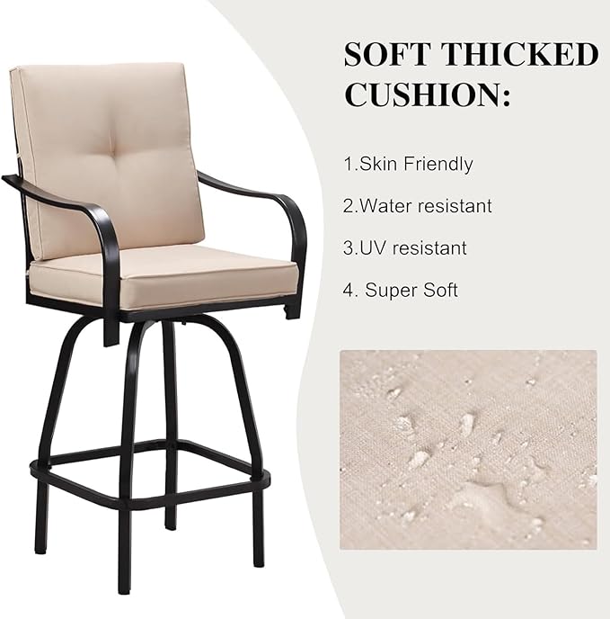 Patio Swivel Bar Stools, Outdoor Bar Height Swivel Chairs Set of 6 with Cushion & All Weather Steel Frame for Backyard, Lawn, Poolside and Balcony, Beige