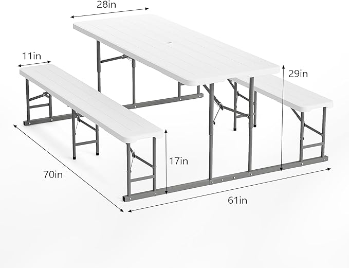 VINGLI Folding Picnic Table and Bench Set, Portable Outdoor Dining Furniture for Camping, Patio, Backyard, Wood Grain Plastic Top with Metal Frame (White)