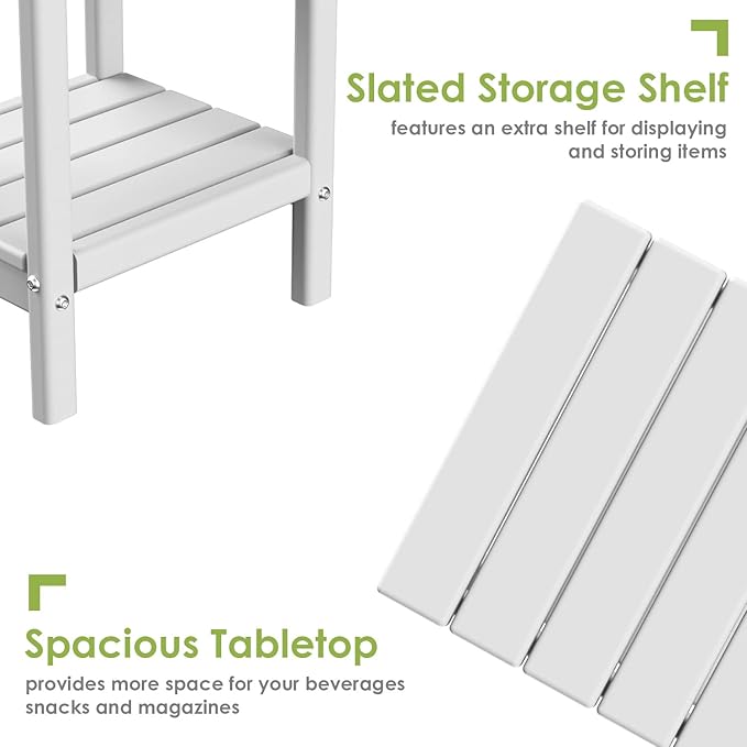 GREENVINES Adirondack-Outdoor-Side-Table | Set of 2 | 14 x 13 Inches | HDPE Plastic | All Weather | White | Outside End Tables | Storage Shelf | for Patio Porch Backyard Indoor