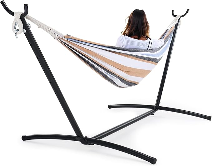 Sweetcrispy Double Hammock with Space Saving Steel Stand Heavy Duty 2 Person Standing Hammocks 450lb Capacity for Outside Garden Yard with Portable Carrying Bag, White