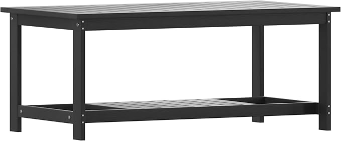 BizChair Two Tiered Commercial Grade Adirondack Coffee Table - Black Finish Poly Resin Wood - All-Weather - Slatted Shelf Design