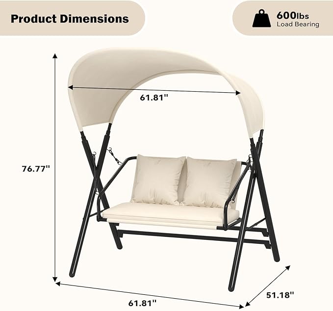 AECOJOY Outdoor Porch Swings for Adults 600LBS 2 Seat Patio Swings with Canopy Stand Thick Cushion Pillows Metal Steel Frame Patio Swing Chair for Garden Yard Deck Poolside Easy Assembly