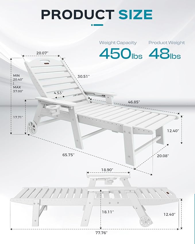 Outdoor Lounge Chair Set of 4, All Weather Patio Chaise Lounge Chairs for Outside, HDPE Chair with Rolling Wheels & Cup Holder, 5 Position, Deck, Pool, White