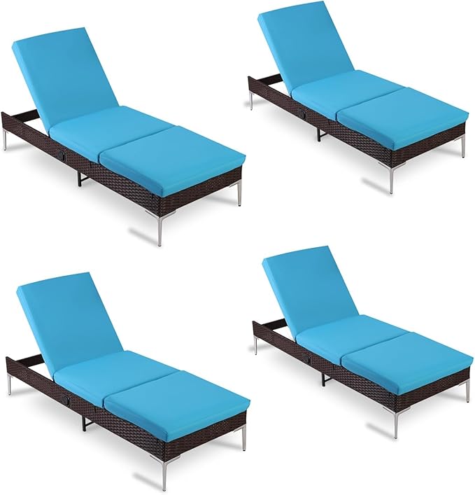 HOMREST Outdoor Lounge Chairs Set of 4, Patio Wicker Chaise Lounge with Removable Cushion, Rattan Pool Sunbathing Recliners with Adjustable Backrest (Turquoise)