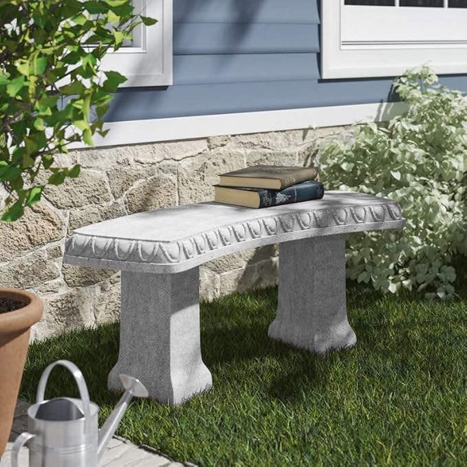 EMSCO Group Garden Bench Statue – Resin Construction with Natural Granite Look – Lightweight Decorative Indoor/Outdoor Bench – 12 Inch Height