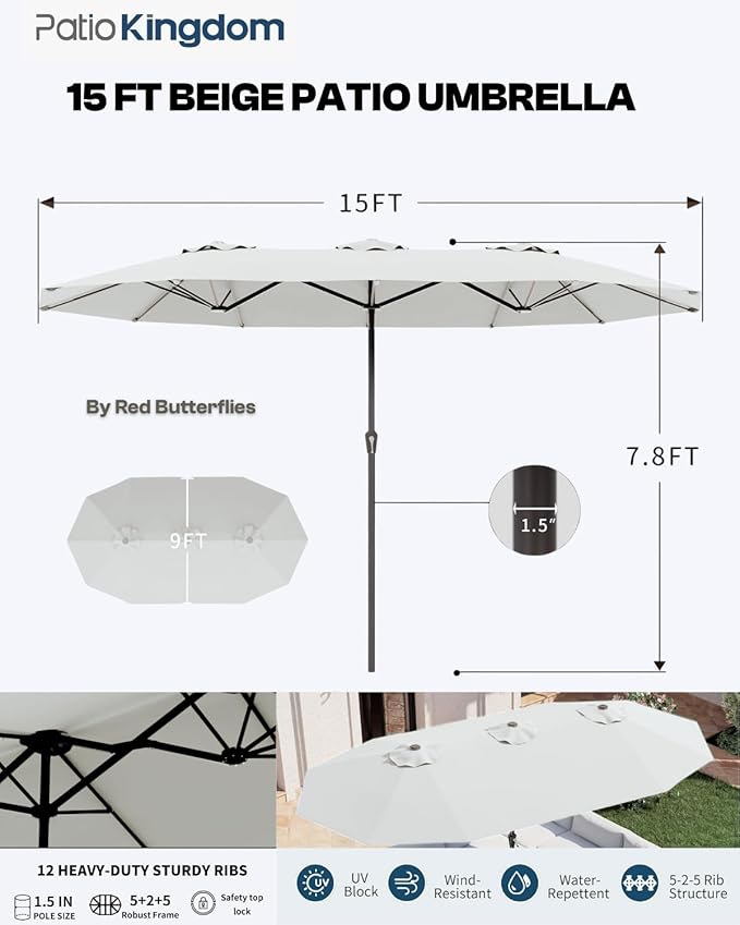 9-Piece Navy Blue Outdoor Dining Set with White 15FT Large Patio Umbrella, 75.2'' HDPE Table & Chairs for 8, Weather-Resistant Furniture with Umbrella Hole for Patio, Lawn, Poolside