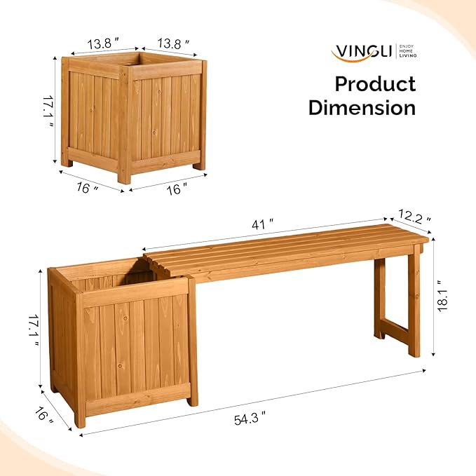 VINGLI Outdoor Wood Bench with Planter Boxes, 2-in-1 All-Weather Porch Bench Seat ＆ Open-Ended Wooden Raised Garden Bed, for Balcony Yard Patio (1 Box)