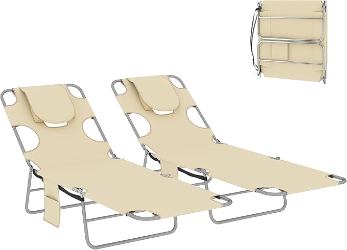 Outsunny Chaise Lounge Chair Outdoor Set of 2 with Face Arm Hole, 5-Position Reclining Face Down Tanning Chair with Carry Strap, Side Pocket, Portable Folding Bed Cot for Patio Beach Pool, Beige