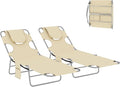 Outsunny Chaise Lounge Chair Outdoor Set of 2 with Face Arm Hole, 5-Position Reclining Face Down Tanning Chair with Carry Strap, Side Pocket, Portable Folding Bed Cot for Patio Beach Pool, Beige