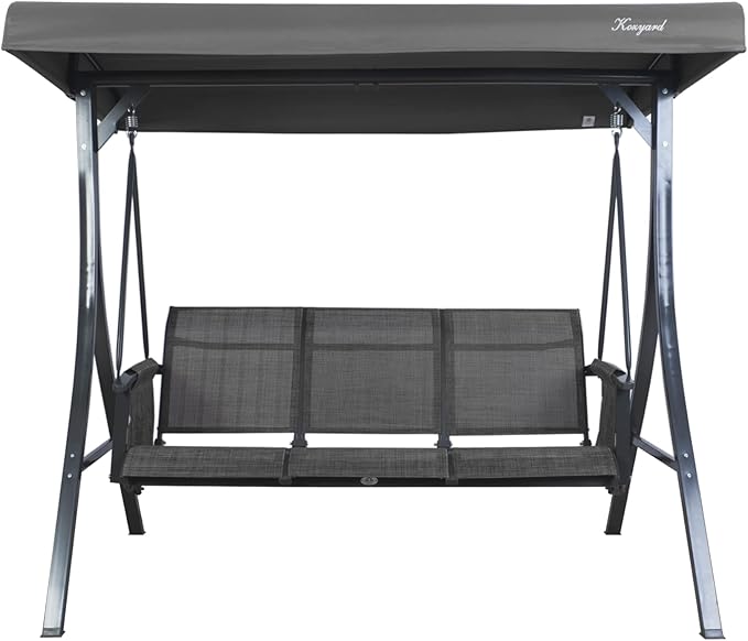 Kozyard Brenda 3-Seat Outdoor Porch Swing Glider, Patio Swing with Adjustable Canopy, Steel Frame, Breathable Textilene Seat & Back, Side Pockets (Gray)