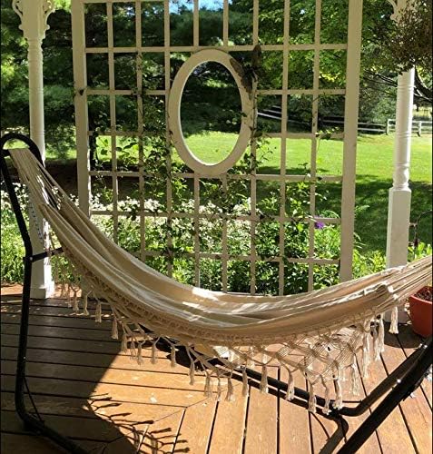 Hammock Brazilian Double Hammocks Soft Comfortable Fabric Cotton Canvas Hanging Portable Two Person Hammock Boho Fringe Large for Adults Backyard Travel