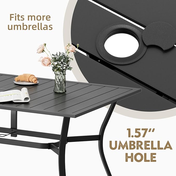 MELLCOM 7-Piece Outdoor Dining Set, 6 Swivel Rocker Chairs with High Back Textilene & Rectangular Metal Dining Table with Umbrella Hole, Patio Furniture Set for Porch, Deck, Brown