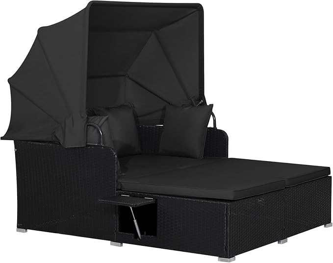 RELAX4LIFE Patio Outdoor Daybed with Canopy, Wicker Sunbed w/Cushions, 4 Pillows & 2 Retractable Side Trays, 2-Person Lounge Bed Conversation for Poolside Porch Garden, Rattan Outdoor Bed (Black)